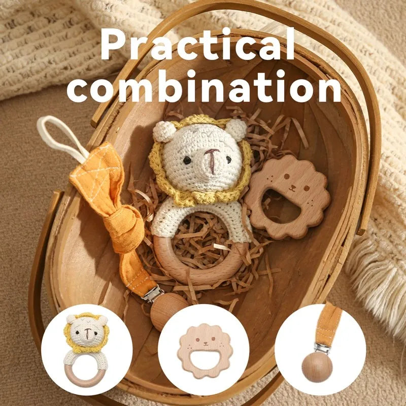 1Set Crochet Rattles Baby Teether Safe Beech Wooden Teether Ring Pacifier Clip Newborn Mobile Gym Educational Toys Birthday Gift