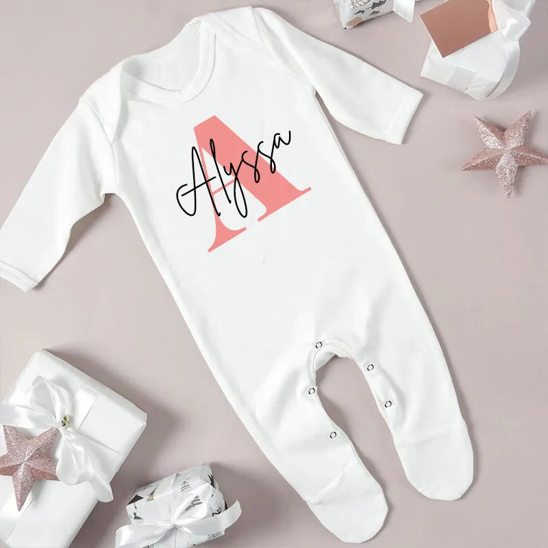 Personalised Name Initial Baby Babygrow Sleepsuit Vest Bodysuit Newborn Coming Home Hospital Outfit Infant birth Shower Gifts
