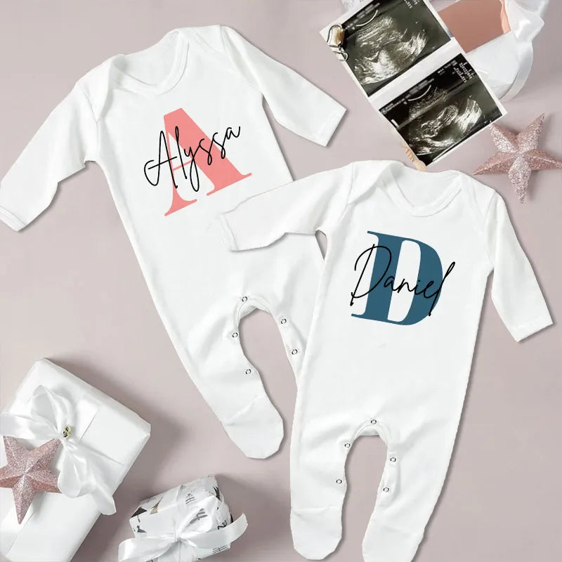 Personalised Name Initial Baby Babygrow Sleepsuit Vest Bodysuit Newborn Coming Home Hospital Outfit Infant birth Shower Gifts