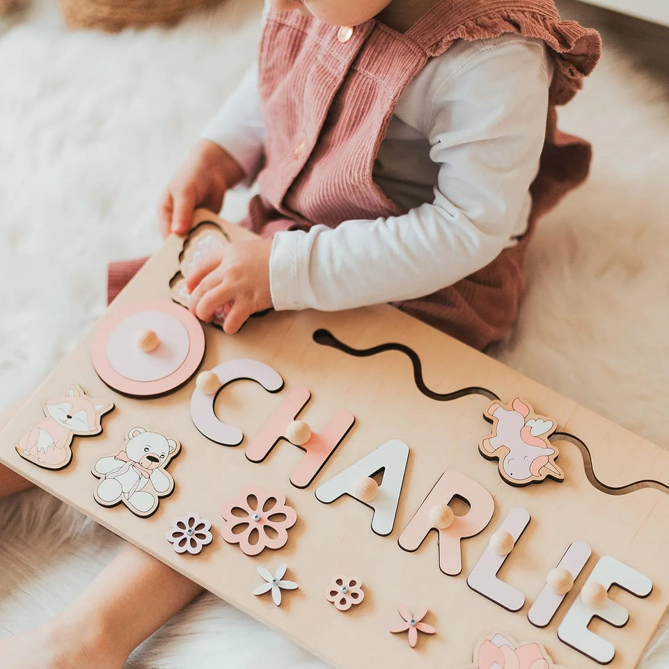 Personalized Name Puzzle for Kids Personalized Selection of Wooden Supports Elements Preschool Pegged Puzzles 1st Birthday Gift