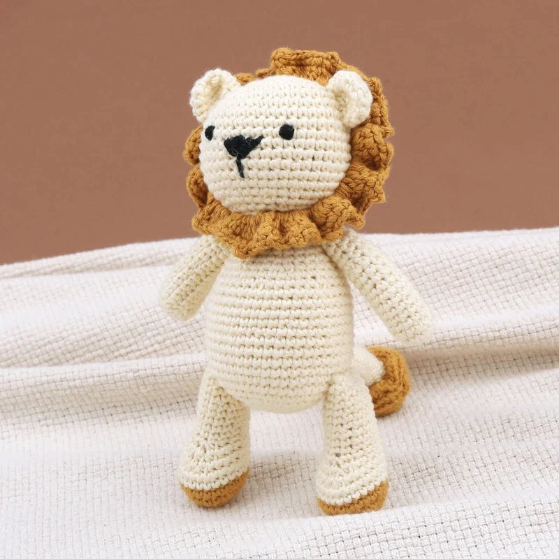 BPA Free Crochet Lion Baby Teether kawaii Stuffed Animal Doll Beech Wood Newborn Teether Ring Pacifier Clip Baby Birth Gift Box