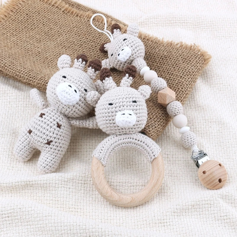 BPA Free Crochet Lion Baby Teether kawaii Stuffed Animal Doll Beech Wood Newborn Teether Ring Pacifier Clip Baby Birth Gift Box