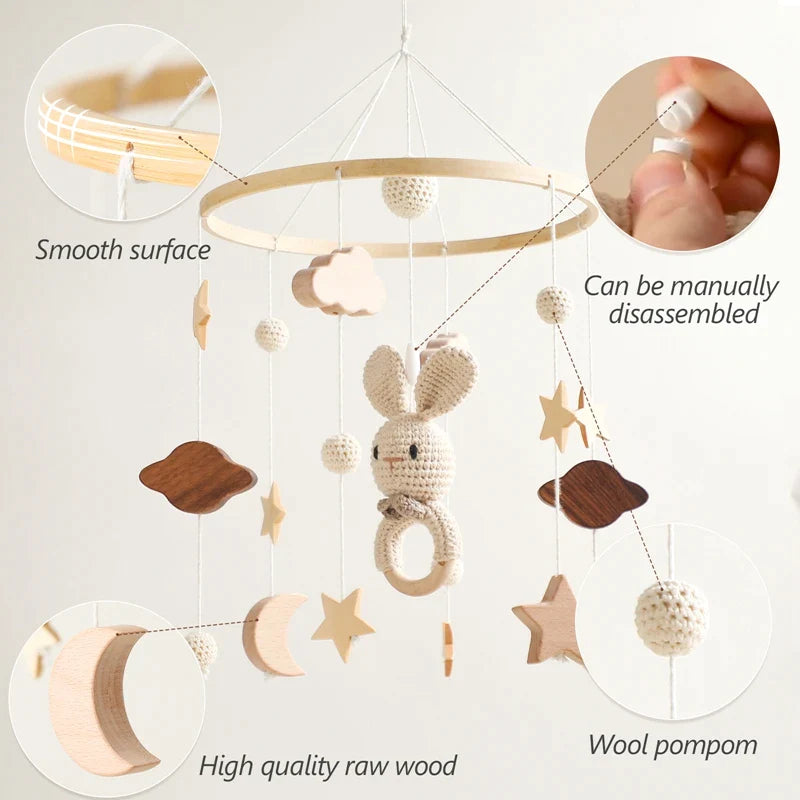 Baby Wooden Bed Bell Cartoon Rabbit Mobile Hanging Rattles Toy Hanger Crib Mobile Bed Bell Wood Toy Holder Arm Bracket Kid Gifts